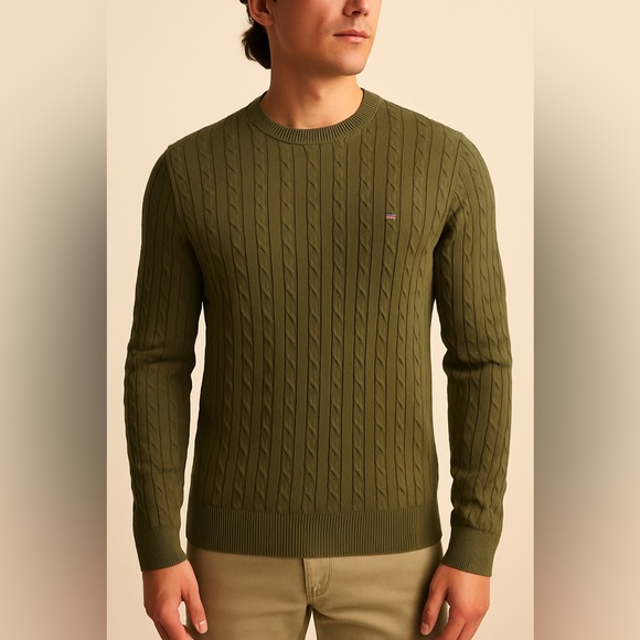 Tommy Hilfiger Men’s Cable Knit Sweater Size L Olive Green‎ Crewneck New - Picture 1 of 6